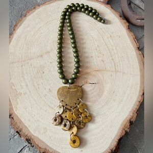 Elegant Handmade Green Faux Pearl Beaded Necklace with Gold Yellow Heart Pendant
